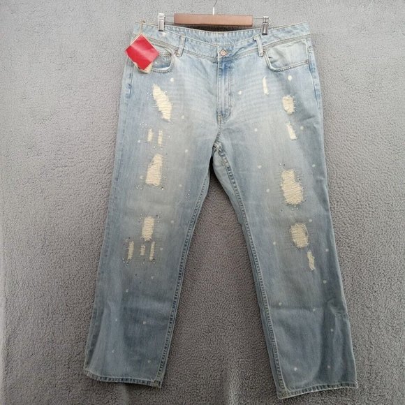 Seven7 Denim - Seven7 Jeans Womens 24  Light Blue Rhinestones Distressed Ripped Wide Leg Denim
